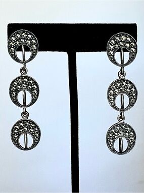 Judith Jack 925 Sterling Silver Marcasite Drop Earrings Vintage Art Deco 2.25”